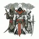 Assasins creed hooded warrior with sword standing with 2 hooded warrior girls  tattoo design idea