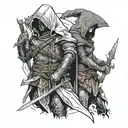 Assasins creed hooded warrior with sword standing with 2 hooded warrior girls  tattoo design idea