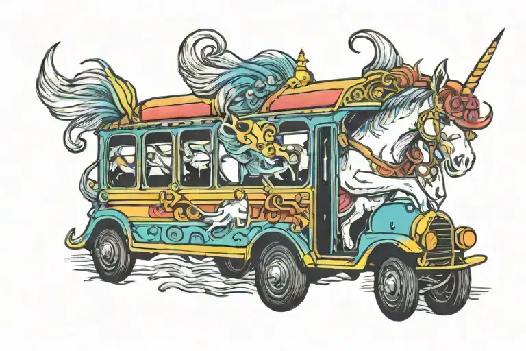 rainbow unicorn driving a bus tattoo design idea