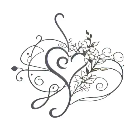 A minimalist tattoo of a heart-shaped music note with falling flowers and the initials 'A' and 'S' intertwined, symbolizing your love for music and your girlfriend tattoo design idea