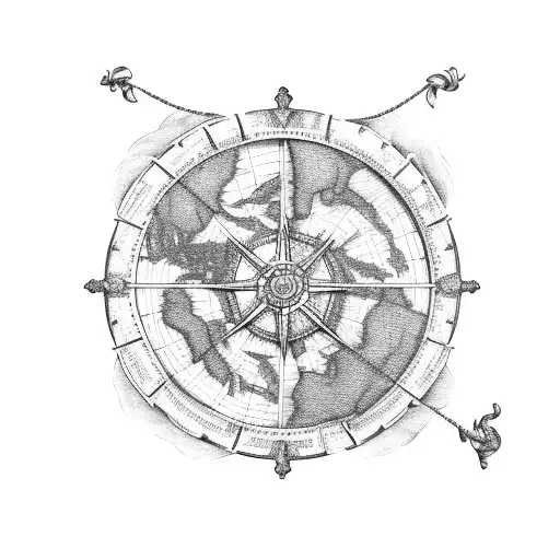 ship wheel, ropes, and a pirate with old map as the background tattoo design idea