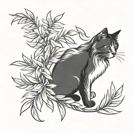 fluffy cat with an olive branch as a tail tattoo design idea