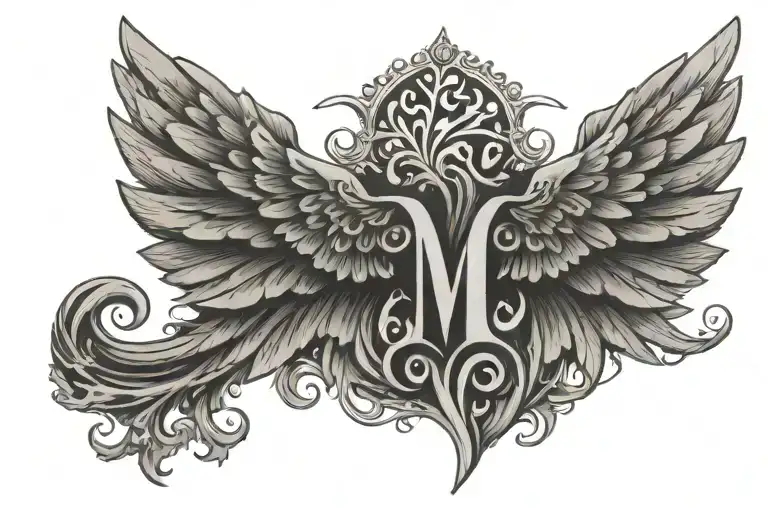 wings and initial m behind the neck tattoo design idea
