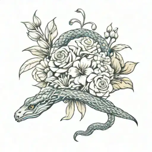A colorful tattoo design featuring a snake intertwined with a bouquet of gladiolus, roses, sunflowers, box tree, and lily of the valley, symbolizing the beauty and diversity of life tattoo design idea
