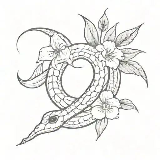 A colorful tattoo design featuring a snake intertwined with a bouquet of gladiolus, roses, sunflowers, box tree, and lily of the valley, symbolizing the beauty and diversity of life tattoo design idea