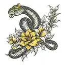 An intricate tattoo design combining a snake with various flowers like gladiolus, roses, sunflowers, box tree, and lily, tattoo design idea
