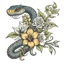 An intricate tattoo design combining a snake with various flowers like gladiolus, roses, sunflowers, box tree, and lily, tattoo design idea