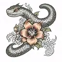 An intricate tattoo design combining a snake with various flowers like gladiolus, roses, sunflowers, box tree, and lily, tattoo design idea