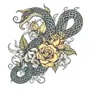 An intricate tattoo design combining a snake with various flowers like gladiolus, roses, sunflowers, box tree, and lily, tattoo design idea