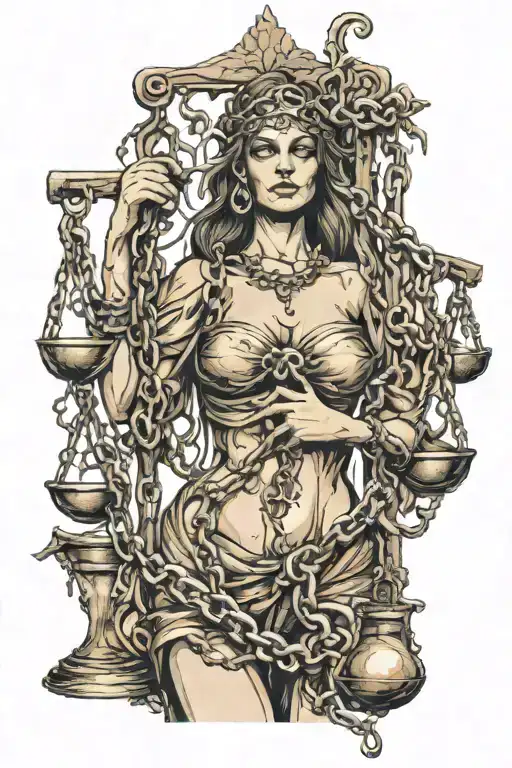 7 deadly sins with chains on their necks held by lady justice  tattoo design idea
