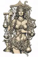 7 deadly sins with chains on their necks held by lady justice  tattoo design idea