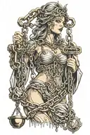 7 deadly sins with chains on their necks held by lady justice  tattoo design idea