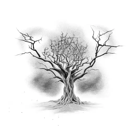 broken tree with many roots with bat flying out of it tattoo design idea