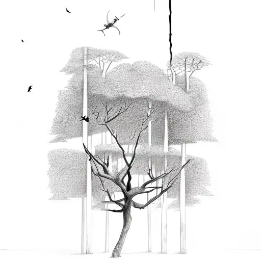 tree broken down middle with bat flying up out of it tattoo design idea