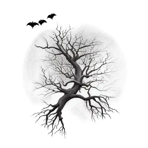 broken tree with many roots with bats flying out of it tattoo design idea