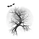 broken tree with many roots with bats flying out of it tattoo design idea