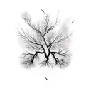 broken tree with many roots with bats flying out of it tattoo design idea
