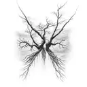 broken tree with many roots with bats flying out of it tattoo design idea