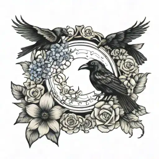 ravens and flowers and moon surrounded tattoo design idea