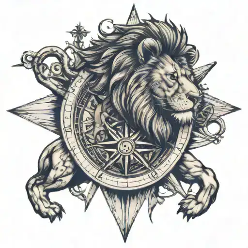 A lion standing proudly on a compass rose, with a navy anchor and radiation symbols in the background, symbolizing the client's diverse interests and experiences tattoo design idea