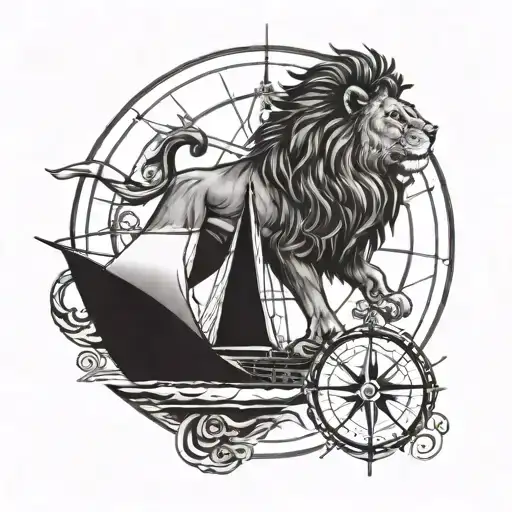 A lion with a compass rose as its mane, sailing on a sailboat across a sea of radiation symbols tattoo design idea