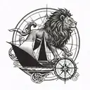 A lion with a compass rose as its mane, sailing on a sailboat across a sea of radiation symbols tattoo design idea