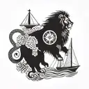 A lion with a compass rose as its mane, sailing on a sailboat across a sea of radiation symbols tattoo design idea