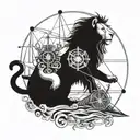 A lion with a compass rose as its mane, sailing on a sailboat across a sea of radiation symbols tattoo design idea