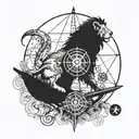 A lion with a compass rose as its mane, sailing on a sailboat across a sea of radiation symbols tattoo design idea