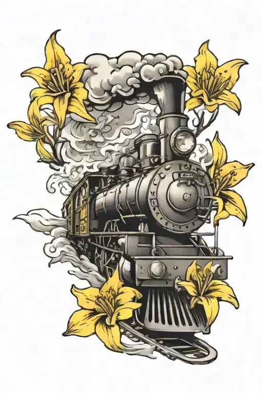 steam train, fingerprints, yellow lily, frienship tattoo design idea