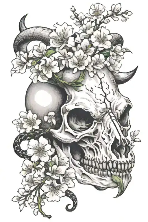 cow skull with snake and cherry blossoms wrapped tattoo design idea