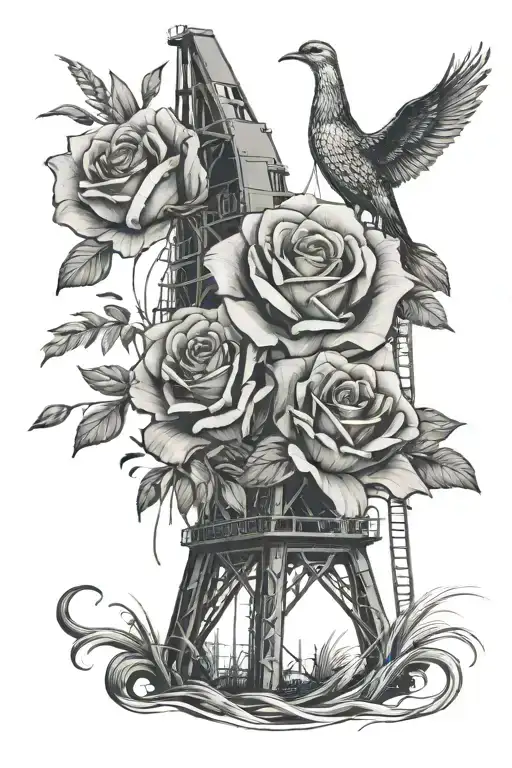 oil rig drilling rig, semi parked in front, one rose, one lily, antler intertwined, wheat stock, doves flying in sky tattoo design idea