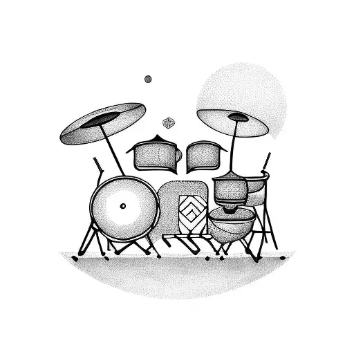 Create a dotwork tattoo of a drum set with intricate geometric patterns tattoo design idea