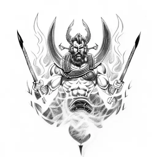 A powerful tattoo showcasing Ares, the god of war, with his fiery chariot and a backdrop of flames and smoke tattoo design idea