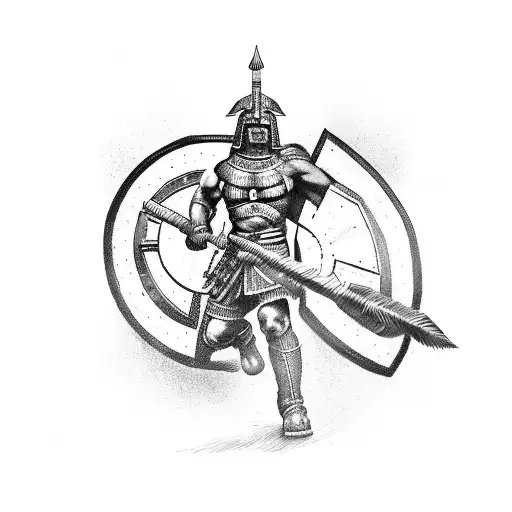 A powerful spartan warrior holding a shield with the army in the background tattoo design idea