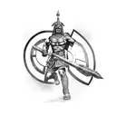 A powerful spartan warrior holding a shield with the army in the background tattoo design idea