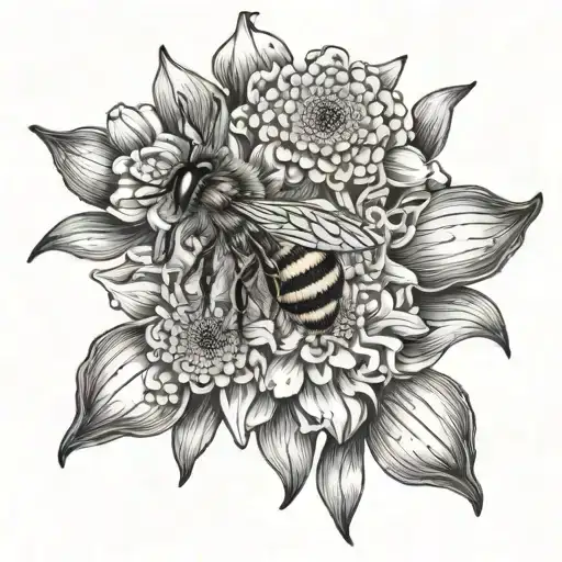 A dotwork design of a bee pollinating daisy and narcissus flowers, with a honeycomb pattern in the background tattoo design idea