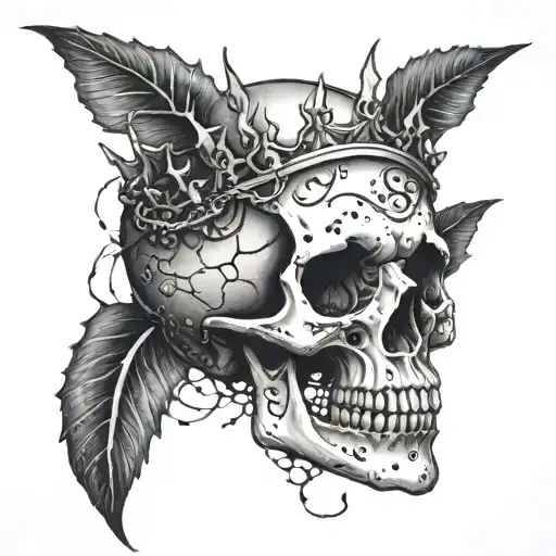 A tattoo of a skull with a crown of thorns and a halo tattoo design idea