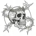 A tattoo of a skull with a crown of thorns and a halo tattoo design idea