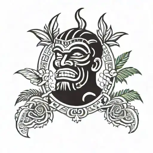 hawaian tiki with human body who slash coconut  tattoo design idea