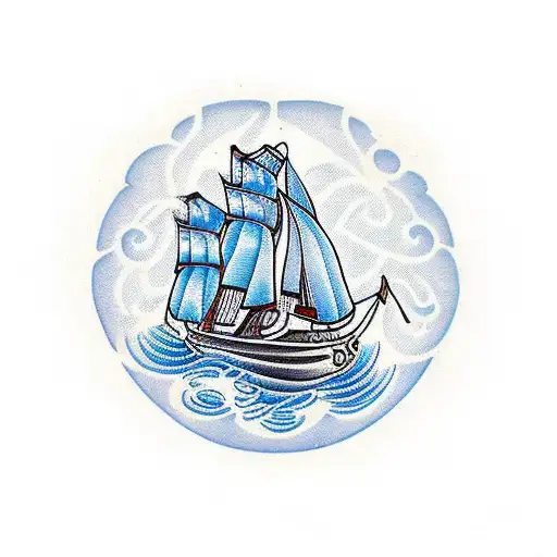 boat in blue and white portuguese style  tattoo design idea