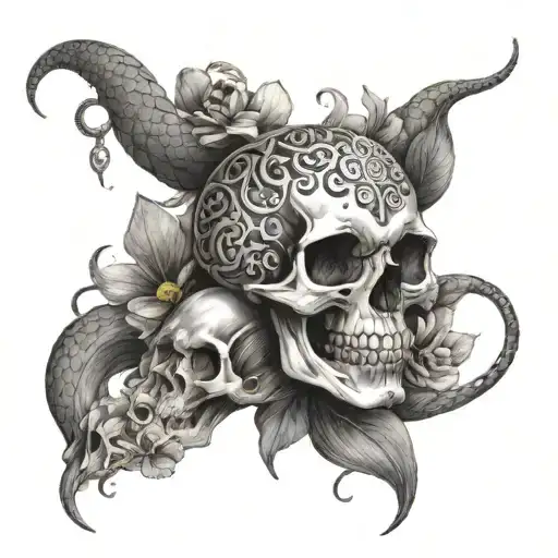 A skull and snake duo depicted in a realistic black-grey style, with subtle hints of flowers in the background tattoo design idea