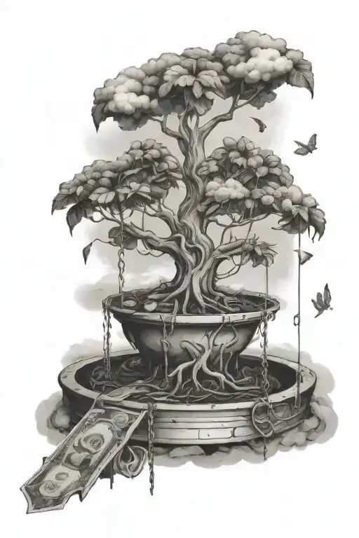 A black and grey sketch of a money tree growing out of a trap, surrounded by clouds tattoo design idea