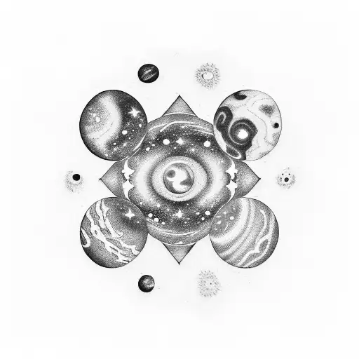 A tattoo of a cosmic scene with planets, stars, and galaxies swirling together in a mesmerizing design, reflecting a fascination with astronomy and the universe. tattoo design idea