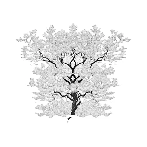 A 2D and flat image of an  upper sleeve arm tattoo is a black ink and resembles an old Sakura tree with DNA roots, tattoo design idea