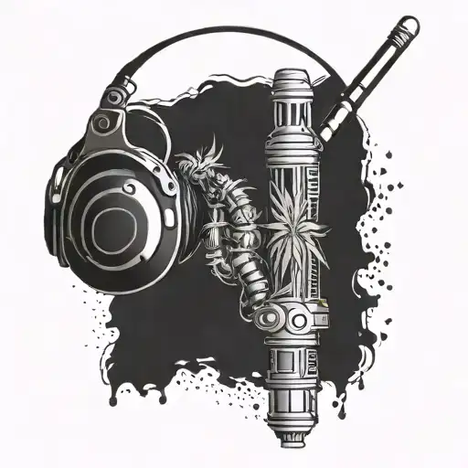 A Sith lightsaber intertwined with Marijuana pants, pc gaming headset tattoo design idea