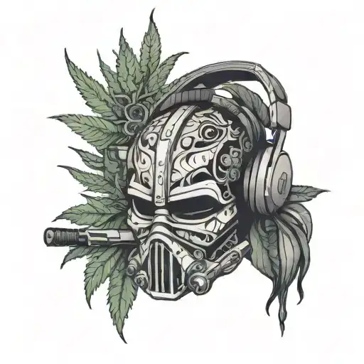 A Sith lightsaber intertwined with Marijuana plants, with pc gaming headset tattoo design idea