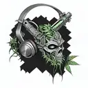 A Sith lightsaber intertwined with Marijuana pants, pc gaming headset tattoo design idea