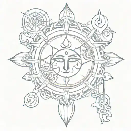 god Shiv's symbols such as ohm, Trishul, and third eye with karma chakra. also add one Sanskrit manta  tattoo design idea