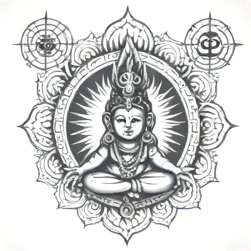 god Shiv's symbols such as ohm, Trishul, and third eye with karma chakra. also add one Sanskrit manyra tattoo design idea